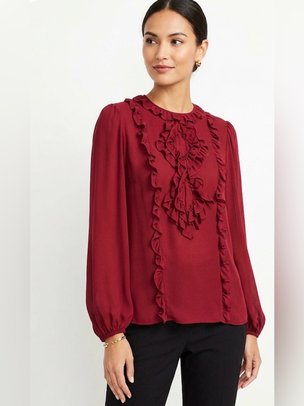 Max Studio Ruby Red Ruffle Front Long Sleeve Blouse - Size Large